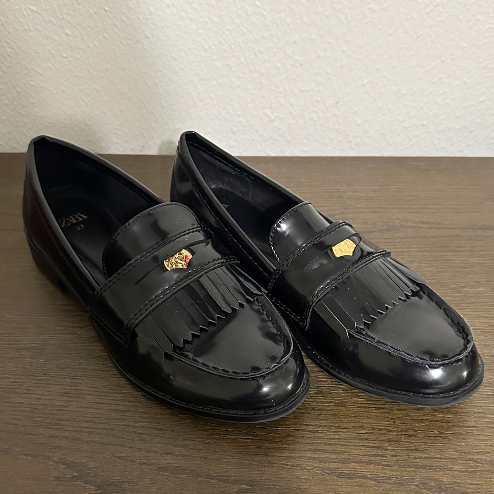 Zara Shiny Black Loafers with Gold Accent